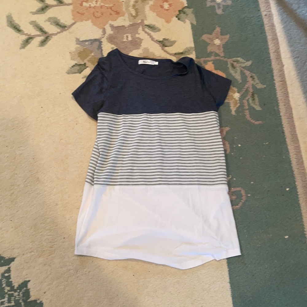 blue and white shirt with 3 sections
